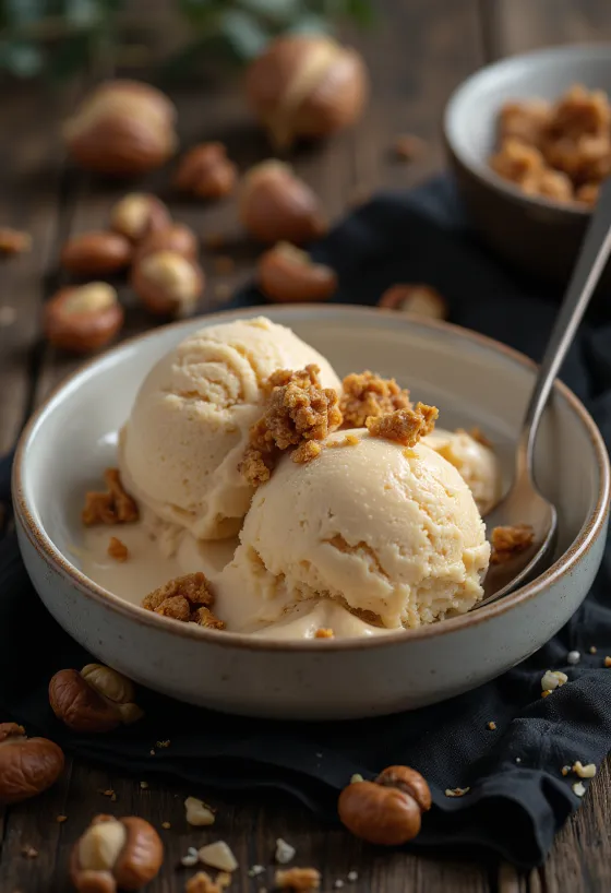 Glace crémeuse aux noisettes servie