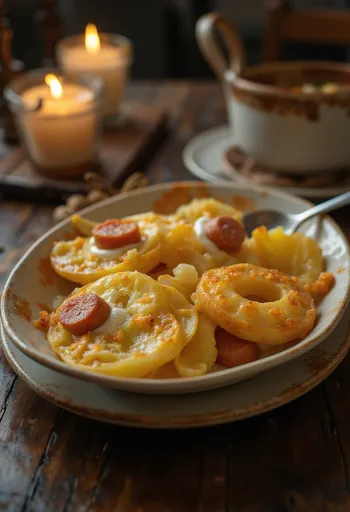 Gratin de pommes de terre étagé avec saucisse et œuf, crème fraîche sur le dessus.