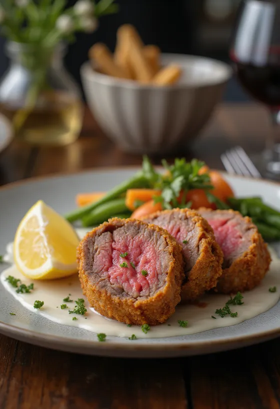 Filet de bœuf pané servi avec panure croustillante