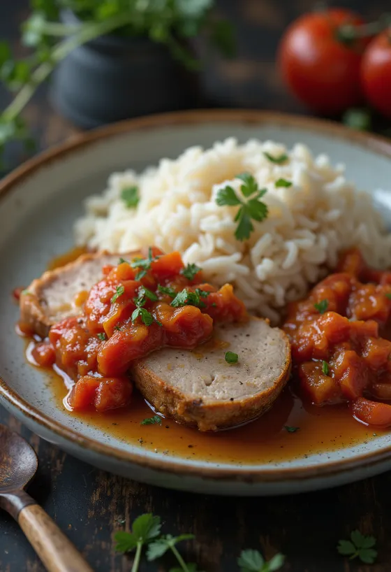 Échine de porc au Lecsó et riz vapeur servi