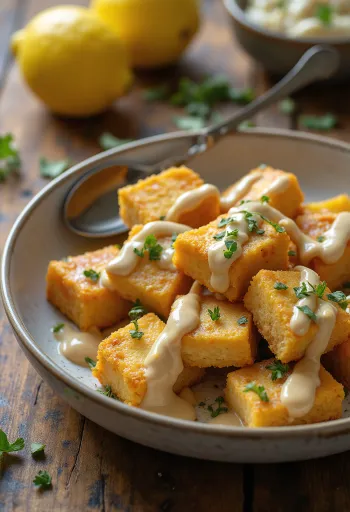 Tofu rôti sauce tahini citron servi avec persil frais et graines de sésame