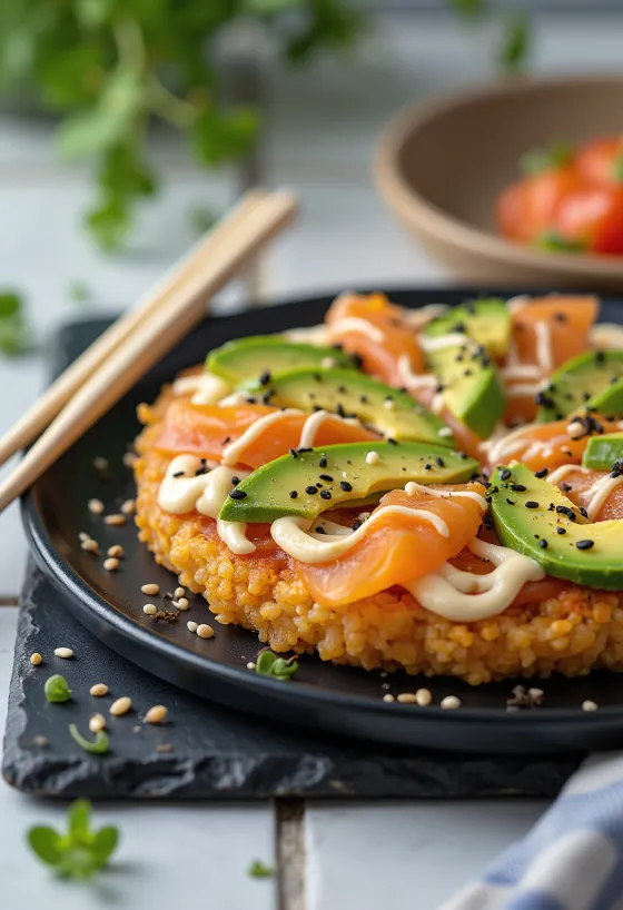Sushi pizza avec base de riz japonais, saumon et avocat