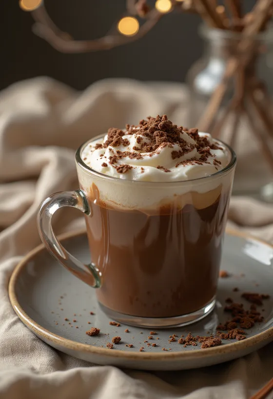 Chocolat chaud à la vanille décoré de crème chantilly et de copeaux de chocolat