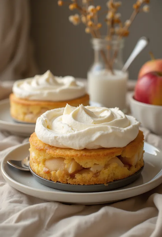 Moelleux aux pommes servi avec chantilly et tranches de pomme