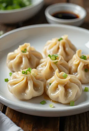 Jiaozi chinois au poulet cuits, sur une assiette claire, farce visible