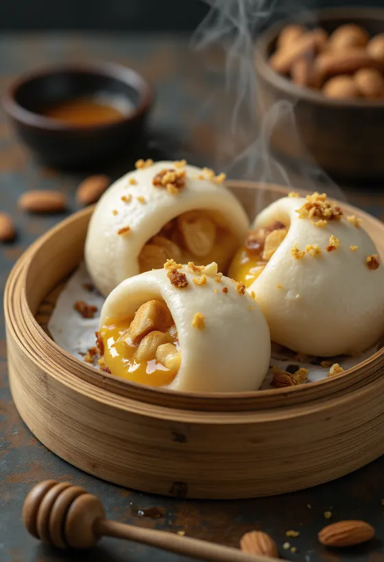 Bao bun au miel et aux amandes servi