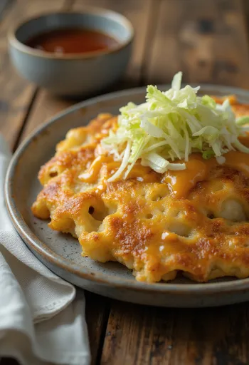 Okonomiyaki au tofu, cuit uniformément, servi avec du chou frais et des morceaux de tofu