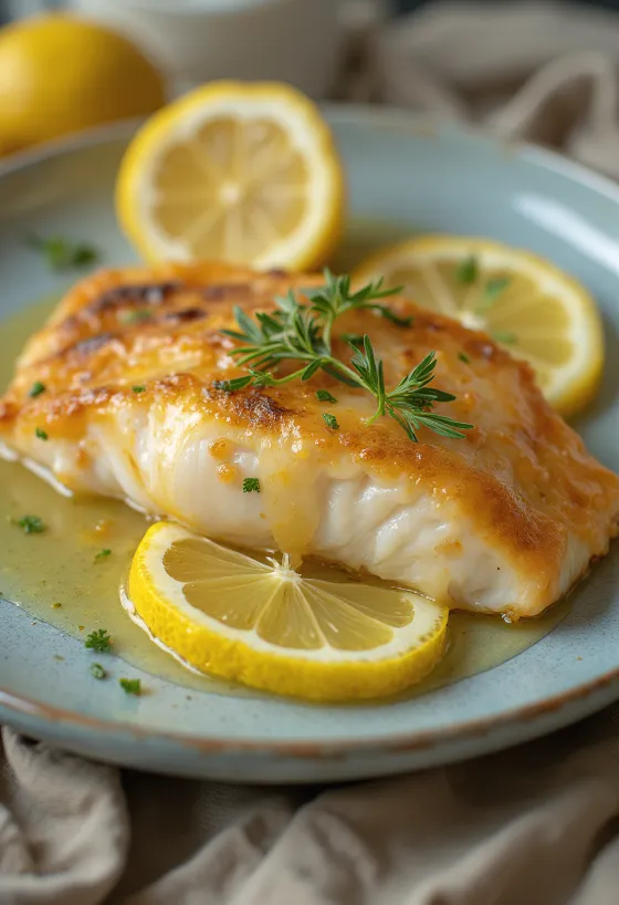 Poisson poêlé servi avec sauce citron