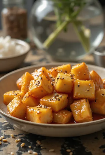 Tofu rôti marinade aux fruits, saupoudré de graines de sésame et coriandre