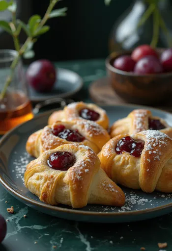 Croissants à la confiture de prunes frais maison, saupoudrés de sucre glace.