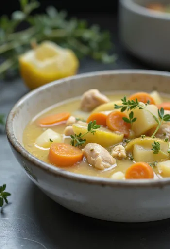 Soupe ragoût crémeuse à l'estragon avec poulet, légumes et décorée d'estragon frais.