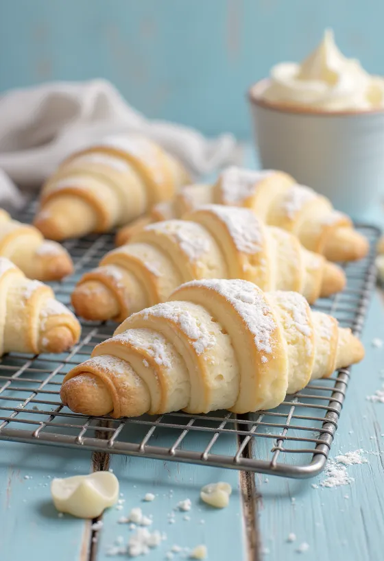 Croissants vanillés tendres saupoudrés abondamment de sucre glace