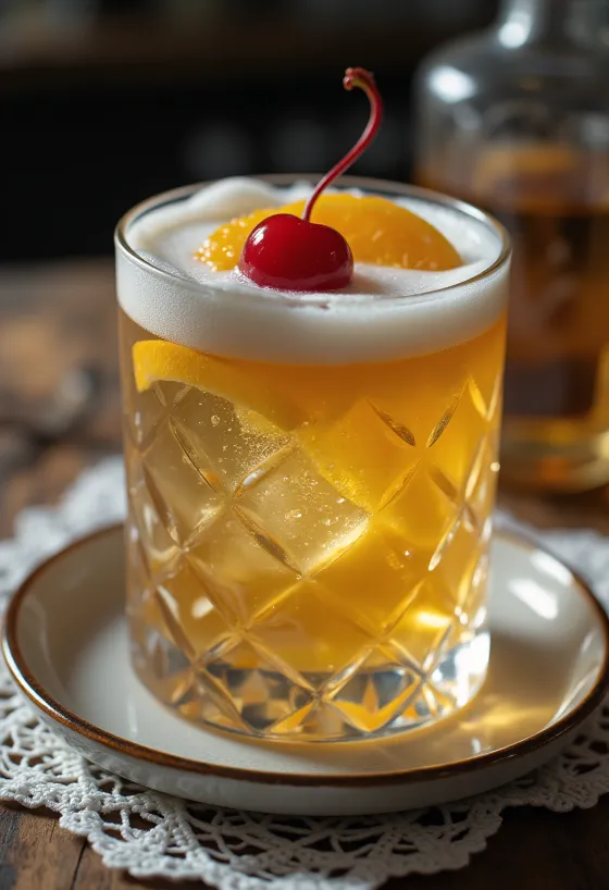 Cocktail Whisky Sour décoré d'une tranche d'orange et d'une cerise cocktail