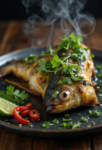 Ikan Bakar au Maquereau, poisson grillé, servi avec sauce soja et coriandre fraîche