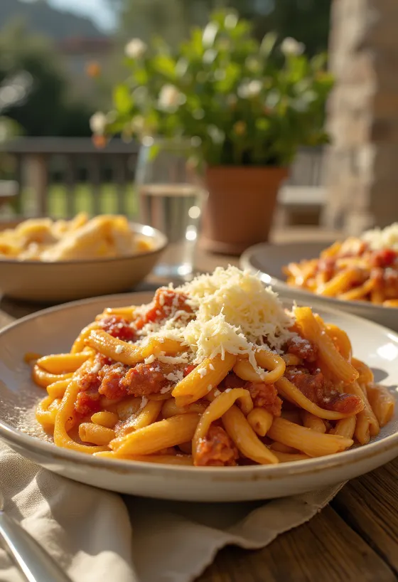 Pâtes aux aubergines servies avec sauce tomate juteuse et basilic frais