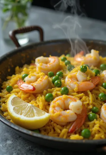 Paella espagnole aux fruits de mer frais, légumes et safran