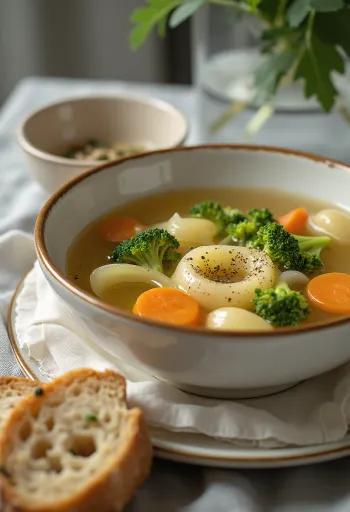 Soupe de légumes prébiotique aux poireaux servie avec persil frais
