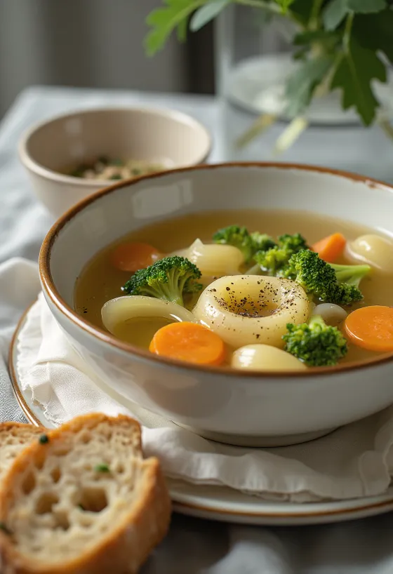 Soupe de légumes prébiotique aux poireaux servie avec persil frais