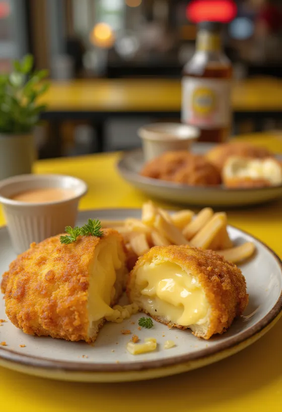 Fromage pané frit doré, servi avec panure croustillante et tranches de citron frais