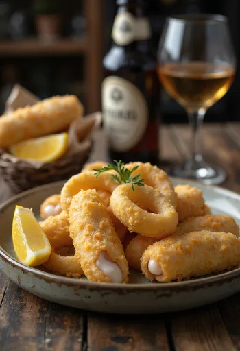 Calamars frits farcis au porc, panure croustillante avec citron et persil