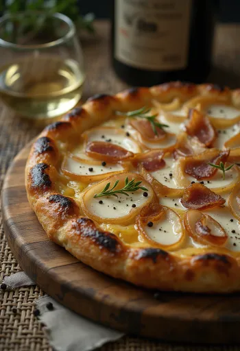 Tarte flambée à la crème, oignons et lardons
