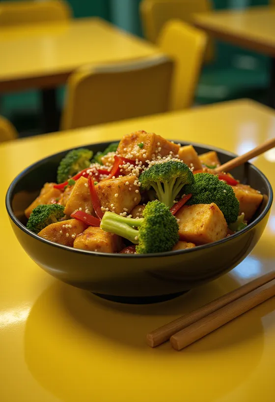 Wok de tofu aux légumes et coriandre fraîche servi