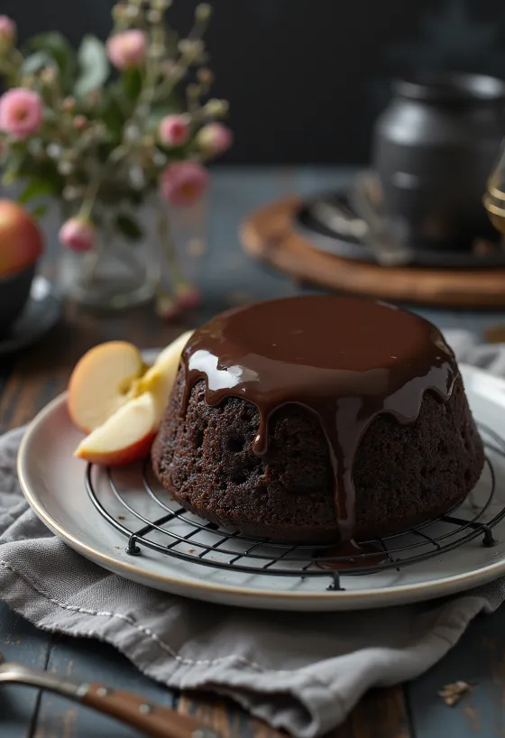 Gâteau moelleux pommes-chocolat servi élégamment