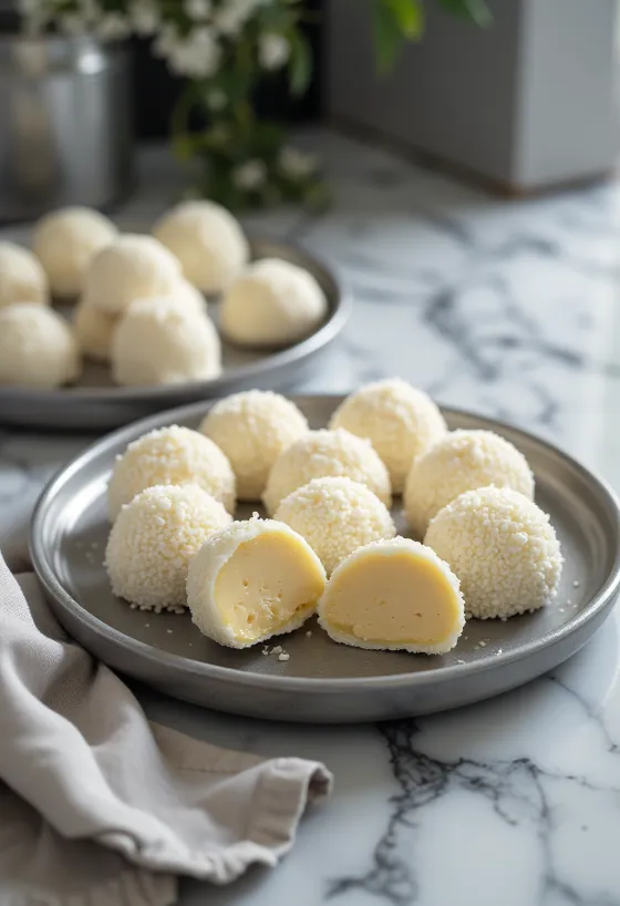 Boules de Brigadeiro au chocolat blanc roulées dans des perles de sucre colorées, dressées
