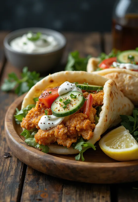 Gyros de poulet servi avec des légumes frais, de la sauce tzatziki et du pain pita.