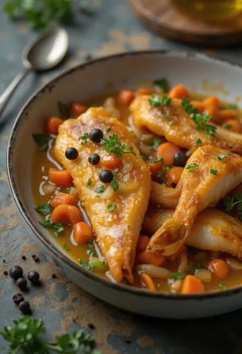 Poisson en escabèche servi avec des légumes