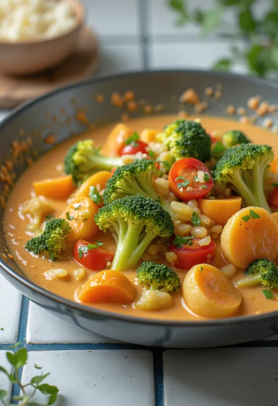 Wok de légumes au lait de coco servi