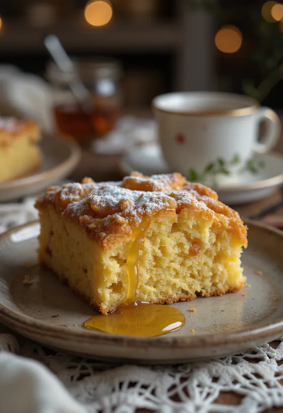 Gâteau au gingembre à la texture dorée et friable, saupoudré de sucre glace.