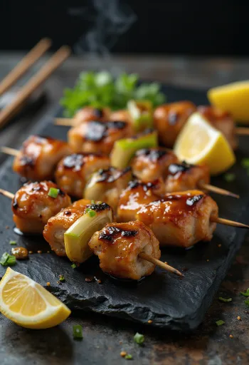 Yakitori classique, poulet grillé sur brochettes, servi avec graines de sésame et oignon vert frais