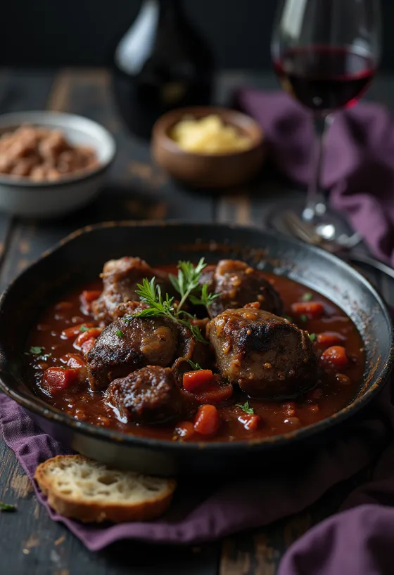 Osso Buco au vin rouge, os de veau tendres servis avec une sauce riche