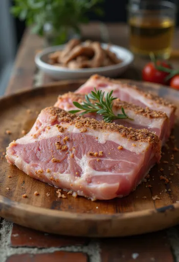 Poitrine de porc au sel servie sur une planche en bois