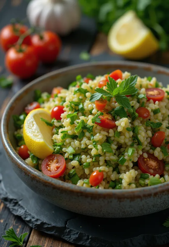Taboulé à l'ail servi avec des légumes frais et du boulghour