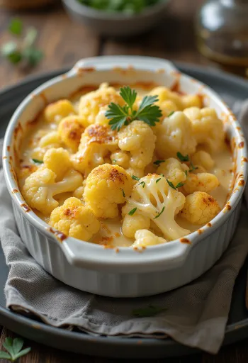 Plat de chou-fleur crémeux servi avec herbes fraîches.