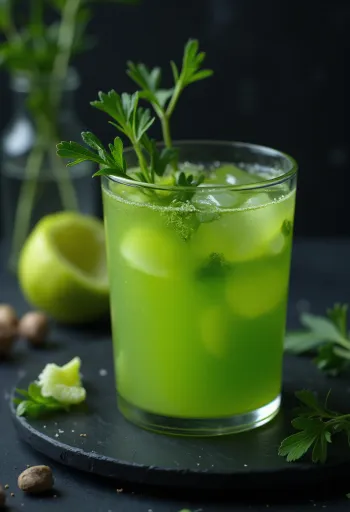 Jus de céleri dans un grand verre, décoré de branches de céleri frais et de fruits