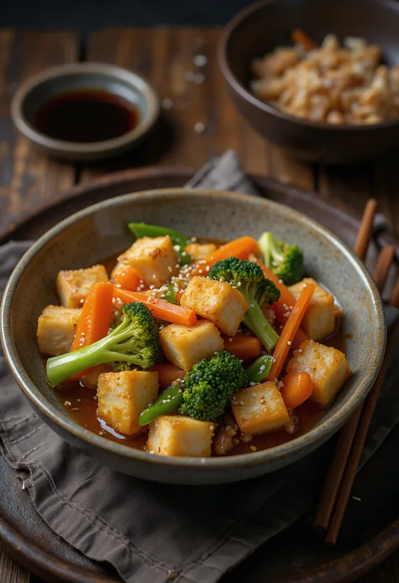 Wok de légumes au tofu servi