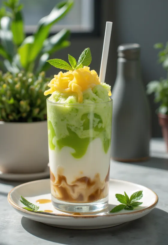 Cendol au jacquier, un dessert tropical rafraîchissant avec des nouilles vertes cendol et des morceaux de jacquier au lait de coco