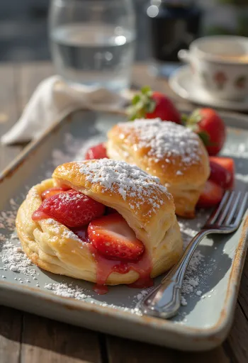 Strudel aux fraises fraîchement cuit et croustillant, saupoudré de sucre glace.