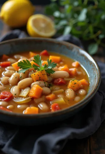 Fasolada aux poireaux servie, soupe de haricots avec persil frais et jus de citron