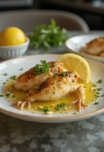 Cuisses de grenouilles au beurre d'ail servies avec du persil frais et du citron.