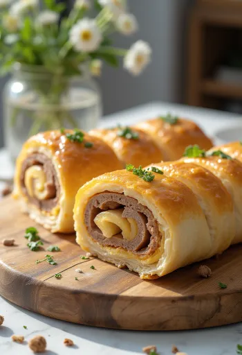 Rouleau à la viande doré au four, servi avec des légumes frais et une sauce.