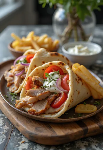 Pita gyros grecque au porc, tomates, oignons, tzatziki et frites servie