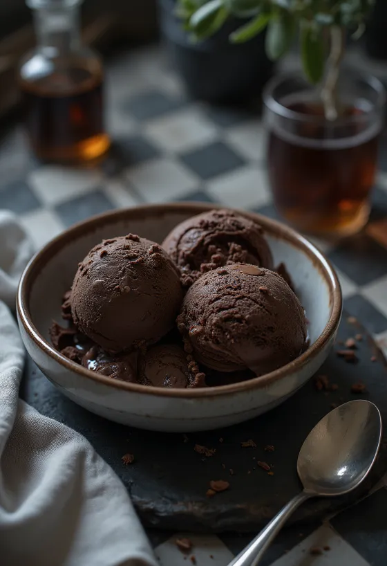 Glace crémeuse miel-chocolat servie