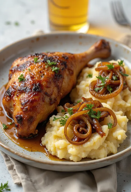 Cuisses de canard rôties servies avec purée aux oignons