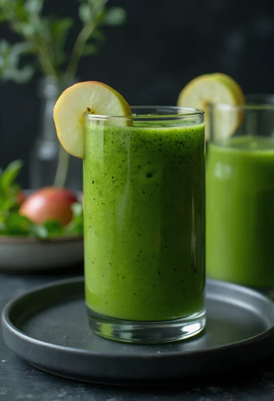 Smoothie vert dans un grand verre, décoré de légumes frais et de fruits