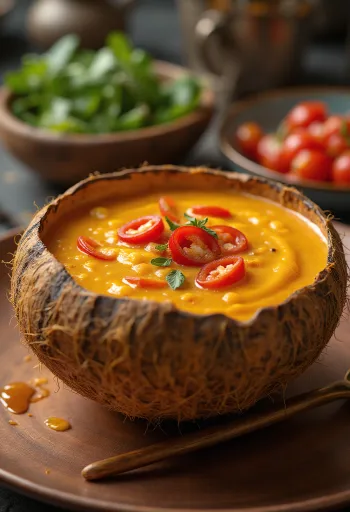Sauce coco-chili épicée dans un bol, avec coriandre fraîche et tranches de piment.