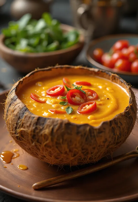 Sauce coco-chili épicée dans un bol, avec coriandre fraîche et tranches de piment.